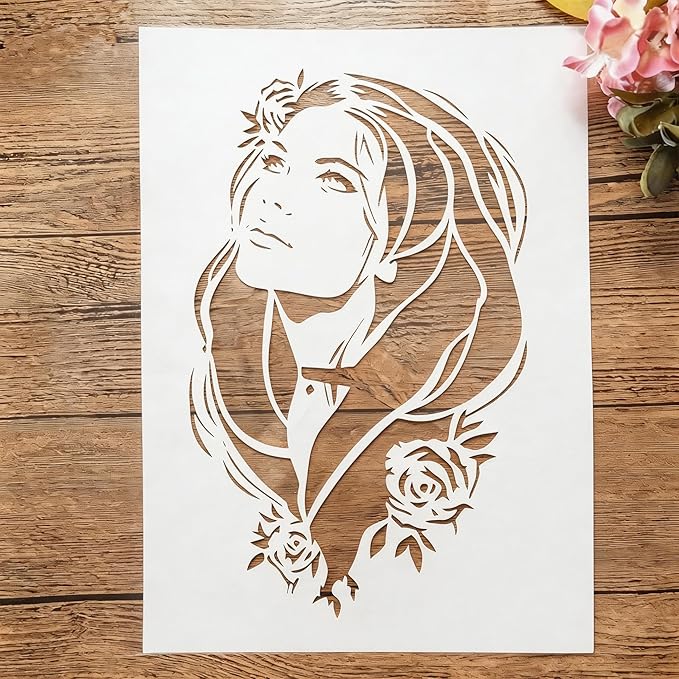 TIAMECH A4 Reusable Woman Long Flowing Hair Stencil by TIAMECH