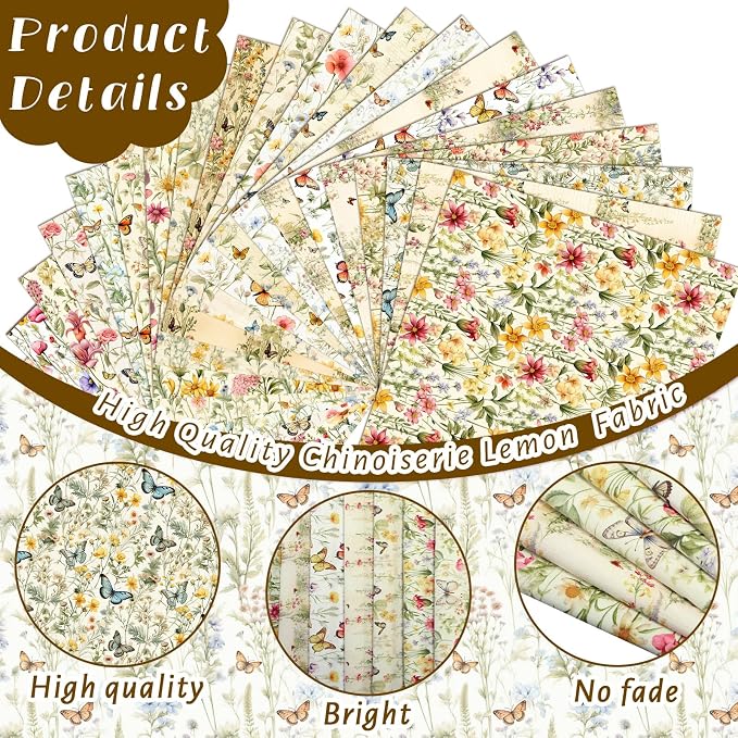 HunnmingRe 20 Pcs 10''x10'' Yellow Wildflower Quilting Fabric Square Romantic - Image 5