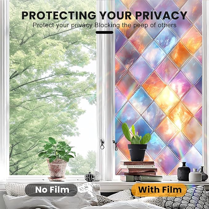 Stained Glass Window Privacy Film: Non-Adhesive Sun and Landscape Mosaic Design - Image 5