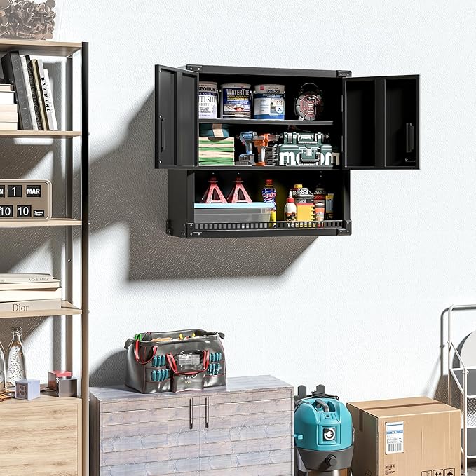 Garage Wall Cabinet Metal Storage Cabinet with Lock Wall Mounted Heavy Duty Steel Tool Cabinet with Door and Shelf Hanging Cabinet for Garage Warehouse Bathroom Kitchen,Assembly Required