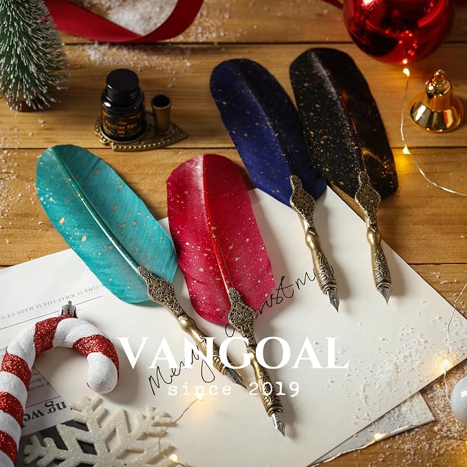 VANGOAL Vintage Carving Feather Pen Set, Glittering Quill Pen Set Antique - Image 6