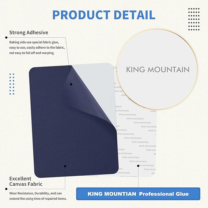 KING MOUNTAIN Canvas Repair Patch 5×8 Inch 8 Pcs Self-Adhesive Waterproof Fabric Patch for Sofas, Tents, Furniture,Tote Bags, Car Seats (Dark Blue)