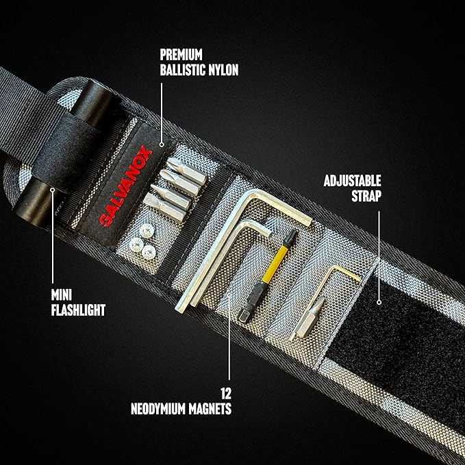 Galvanox Magnetic Wristband with LED Flashlight - Nylon Wrist Magnet for Tools, Screws and Nails with Adjustable Work Light - Great Gift for Men, Father, Handyman (Black)
