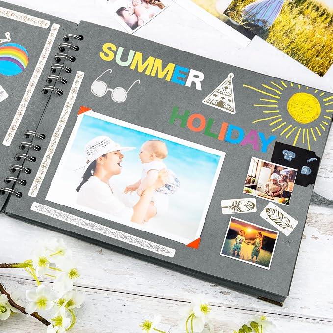 Bstorify Square Scrapbook Photo Albums 50 Pages Grey Thick Paper, Ribbon Closure - Image 5