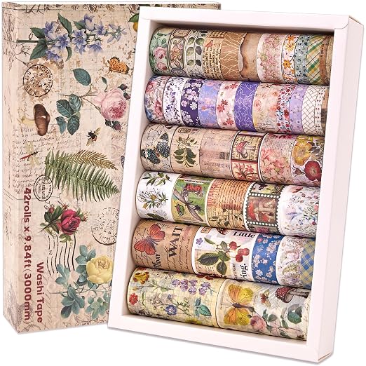 42 Rolls Vintage Washi Tape Set, Floral Letter Butterfly Mushroom Botanical by emmoolife