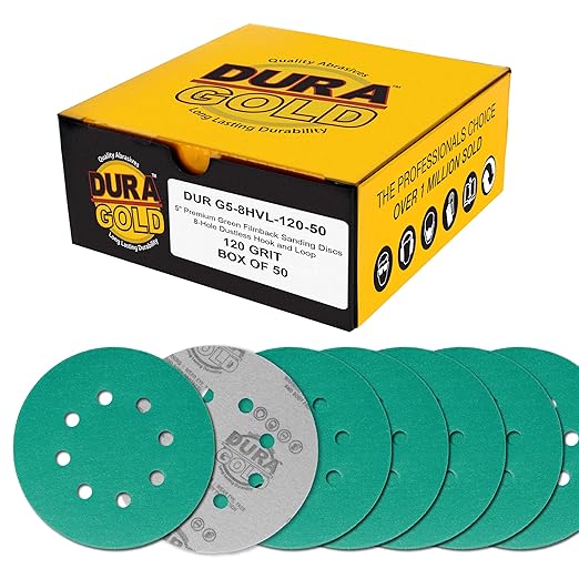 Dura-Gold Premium 120 Grit 5" Green Film Sanding Discs, 8-Hole Pattern, Box of 50 - Dustless Hook & Loop Backing Sandpaper for DA & Random Orbital Sanders, Sand Automotive Paint Woodworking Furniture