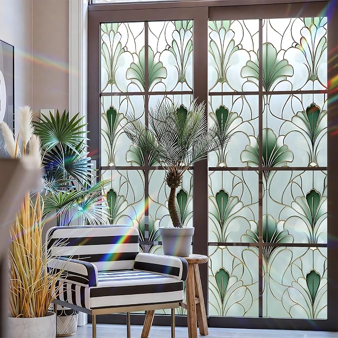 Stained Glass Window Privacy Film: Non-Adhesive Sun and Landscape Mosaic Design - Image 3