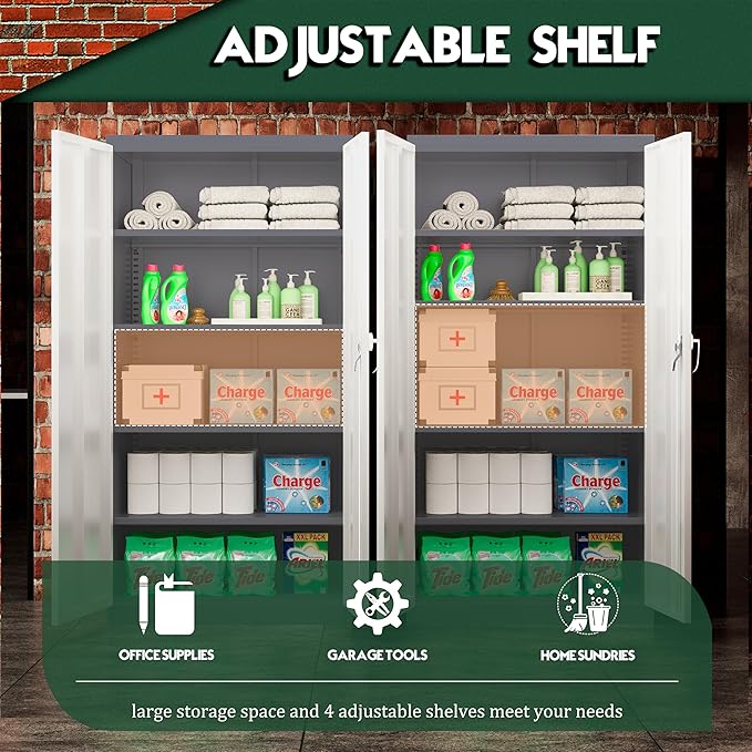 Greenvelly Metal Storage Cabinet with 2 Doors and 4 Adjustable Shelves, Lockable Steel Tool Cabinet for Home, Office, Garage, Classroom (Grey White)