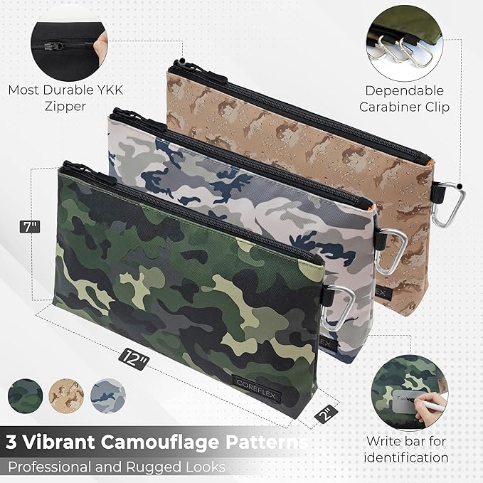 COREFLEX Premium Tool Pouch Zipper Bag, Small Tool Bag, Multipurpose Storage pouch, Heavy duty Flat Bottom Tool bag with YKK Zipper (3 pack Large Camouflage)