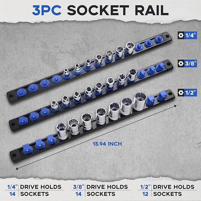 3-Piece Magnetic Socket Organizer, Heavy Duty Aluminum Socket Rails Organizer, 360° Swivel Clips Socket Holder Kit for Tool Box, 1/2, 3/8, 1/4-Inch Socket Holder x 40 Clips (Blue)