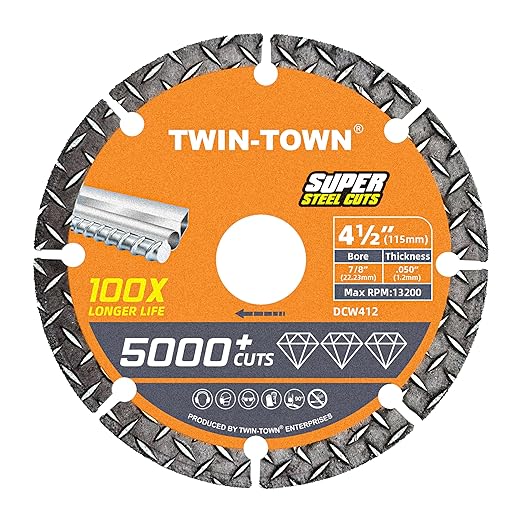 TWIN-TOWN 4 1/2" Diamond Cutting Wheel with 7/8" Arbor, Metal Cut Off Wheel, Carbide Cutting Wheel for Angle Grinder, 5000+ Cuts on Rebar, Steel, Iron, and INOX