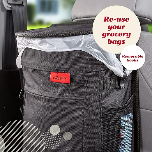 Lusso Gear Spill-Proof Car Trash Can - 2.5 gal Black Oxford - Leakproof & Waterproof Hanging Car Trash Bin - Organization Accessories with Removable Liner & Mesh Pockets - Boat Garbage Can