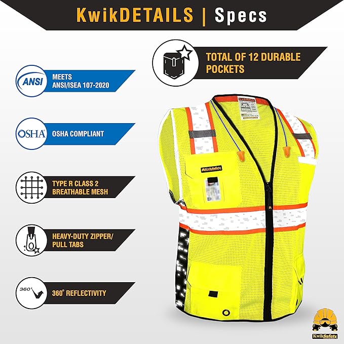 KwikSafety - BIG KAHUNA DIGITAL Safety Vest [LIMITED EDITION] Class 2 ANSI OSHA Reflective Vest Durable High Visibility Vest Construction Safety Vest for Men Industrial Work Gear/Yellow 3XL