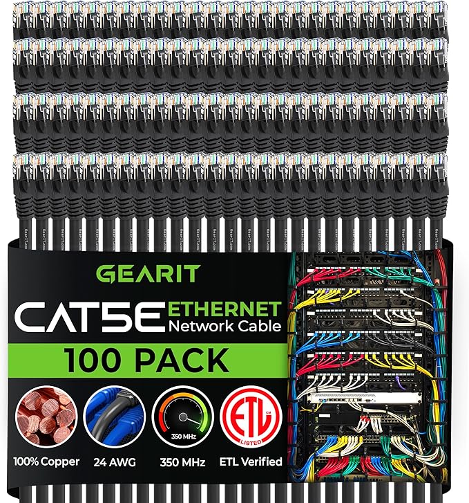 GearIT 100-Pack, Cat5e Ethernet Patch Cable 3 Feet - Snagless RJ45 Computer LAN Network Cord, Black - Compatible with 48 Port Switch POE Rackmount 48port Gigabit