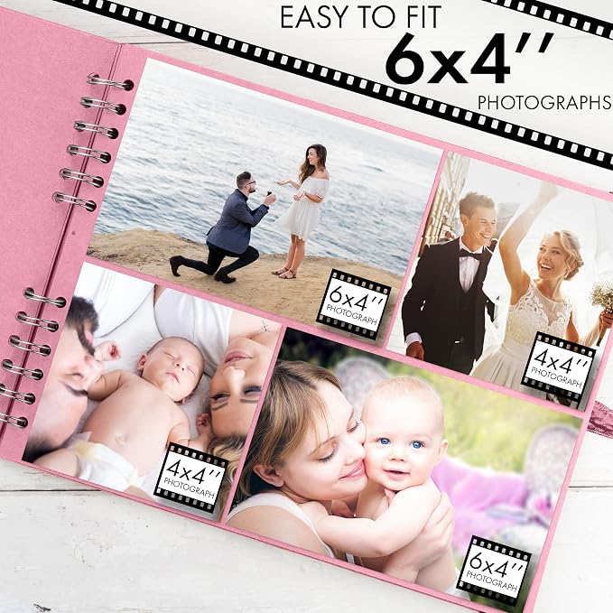 Bstorify Square Scrapbook Photo Albums 50 Pages Pink Thick Paper, Ribbon Closure - Image 7