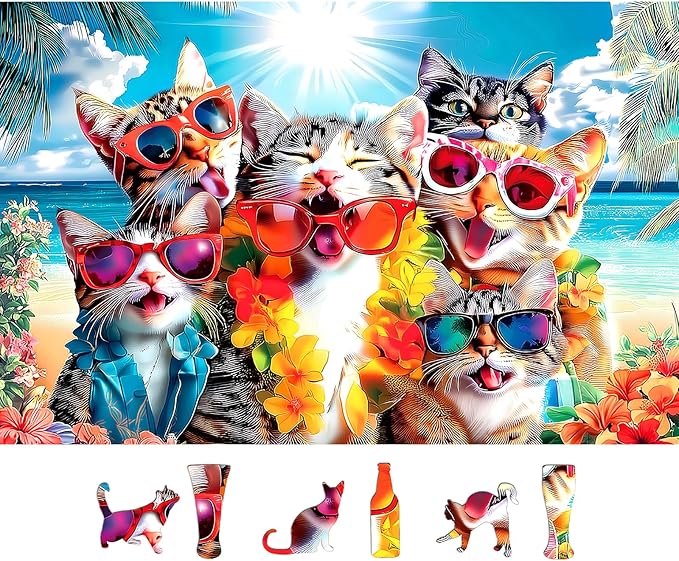 MINIWAN 500 Piece Summer Cat Beach Jigsaw Puzzle by MINIWAN