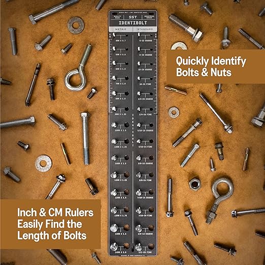 SST - Original Identibolt - Precise Threadchecker and Wall Mount - Imperial SAE and Metric Threads - 28 Nuts & Bolts Identifier - from #6 to ½ & 4mm to 14mm - in. and Cm. Rulers - Made in USA