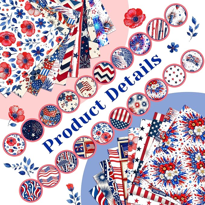 HunnmingRe 20 Pcs 10''x10'' Patriotic Quilting Fabric Square Red White Blue - Image 3