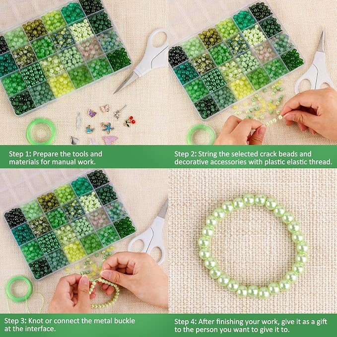 XSEINO About 1200PCS 6mm Glass Beads Bracelet Making Kit, 24 Assorted Green - Image 4