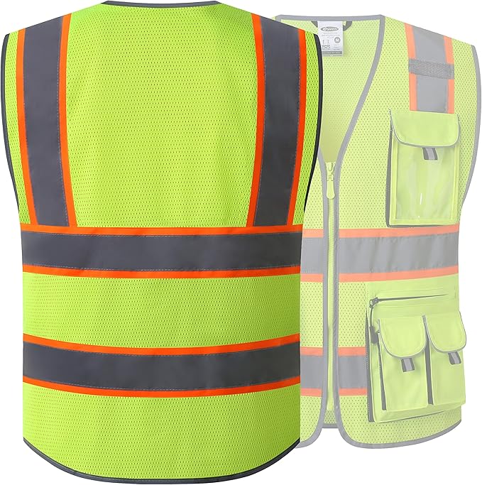 JKSafety 10 Pockets Hi-Vis Neon Color Frontal Zipper Mesh Safety Vest for Men Women Safety Utility for works Comply to ANSI/ISEA Class 2 (86-Yellow XXL)