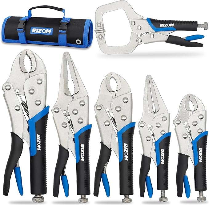 Rizom Vice Grips Pliers Set, 6-Piece Locking Pliers Set, 6-1/2”, 9-1/2” Needle Nose Vice Grips, 5”, 7” and 10” Curved Jaw Vise Grip, 6” C-clamp Locking Pliers, Fast Release with Rolling Pouch