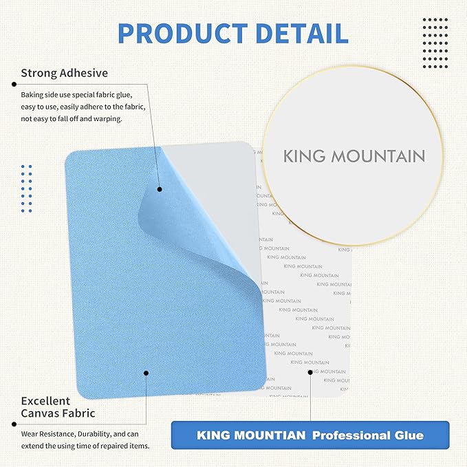KING MOUNTAIN Canvas Repair Patch 9 x11 Inch 2 Pcs Self-Adhesive Waterproof Fabric Patch for Sofas, Tents, Furniture,Tote Bags, Car Seats (Blue)