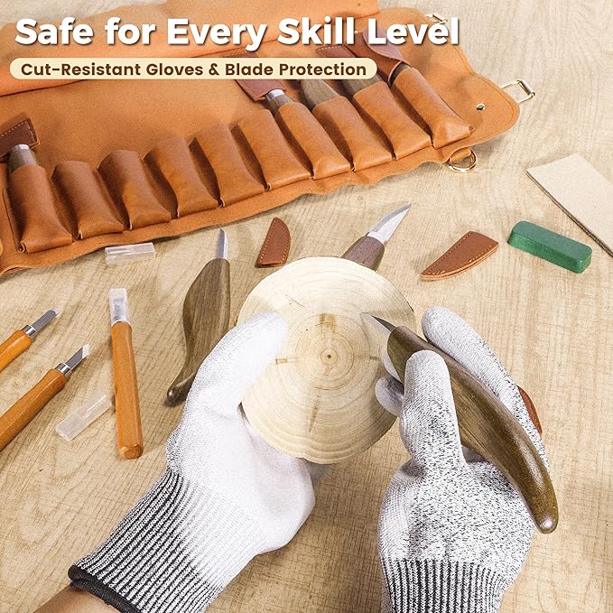 18PCS Wood Carving Kit for Beginners & Enthusiasts – Whittling Knife Set with Toll Roll Tote, Safety Gloves, Sharpening Stone, Leather Strop – Wood Carving Tools Set