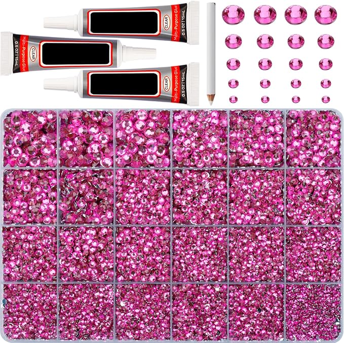 32000Pcs Dark Pink Rhinestones for Bedazzling, Mixed Sizes 2, 6mm Flatback Gems by Worthofbest