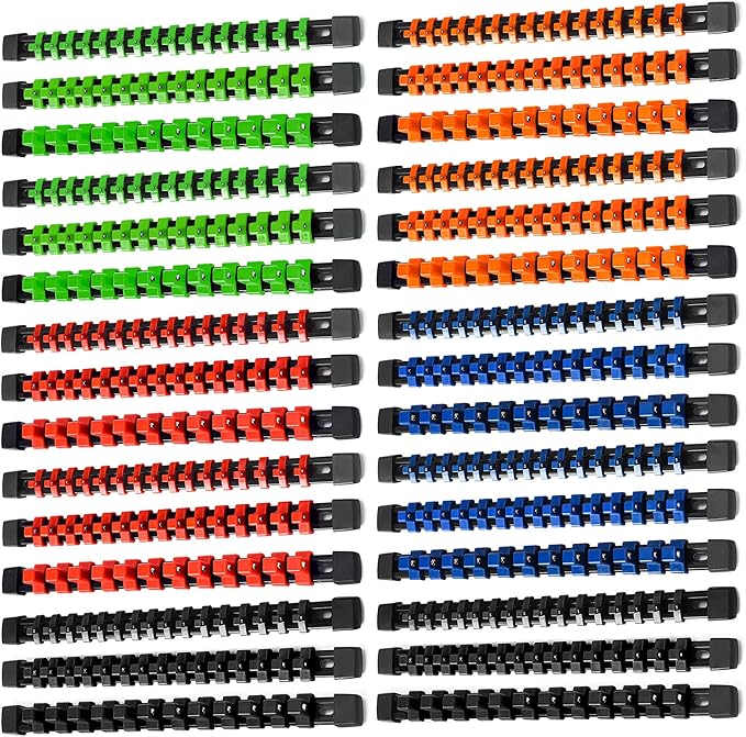 ALOANES 30 PC ABS Socket Organizer, 1/2 inch, 3/8 inch and 1/4 inch Drive Socket Rail Holders, Heavy Duty Socket Racks, Black Rails with 5 Color Clips