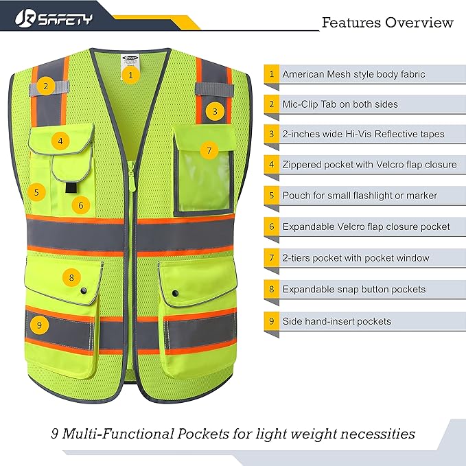 JKSafety 9 Pockets Hi-Vis Neon Yellow Zipper Front MESH Safety Vest with Fluorescent Orange Extend Edge outlining the Reflective Tapes Meet ANSI/ISEA Class 2 Standard (100-Yellow, L)