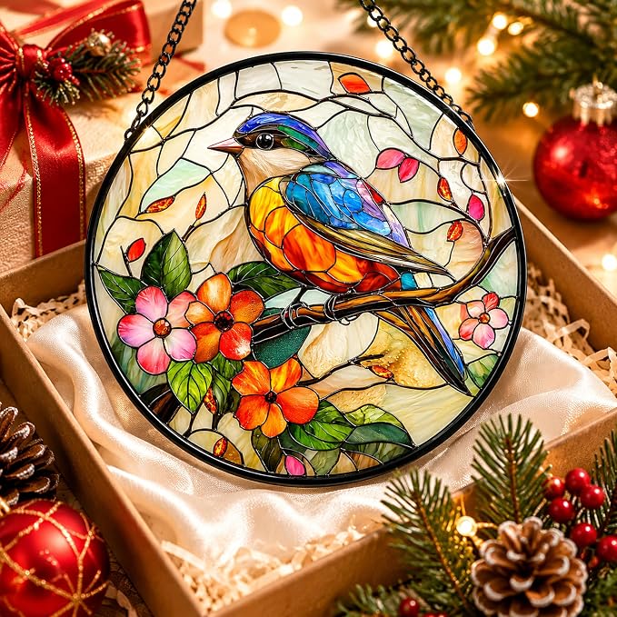 Birds and Flower Acrylic Suncatcher Faux Stained Glass Window Hanging 7.8" | - Image 3