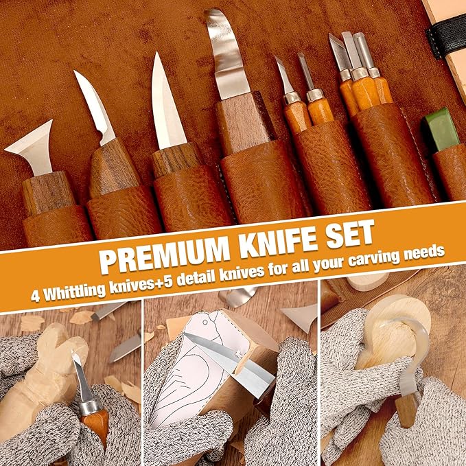 Wood Carving Kit, 24Pcs Wood Carving Tools with PU Storage Bag, Wood Whittling Knife Kit with 4pcs Templates & 6pcs Basswood Blocks for DIY Beginners