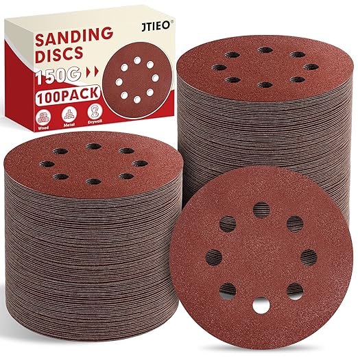 JTIEO 5 Inch Sanding Discs – 100 PCS 150 Grit Sandpaper Assortment, Hook & Loop Orbital Sander Pads, Round Sanding Pads for Random Orbital Sanders