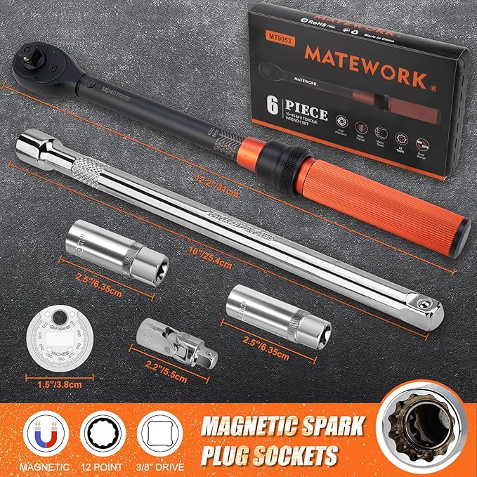 3/8-Inch Drive Torque Wrench, 6PCS Magnetic Spark Plug Socket Set with Torque Wrench 3/8 Drive (10-45 FT.LB/13.6-61 Nm), Includes Spark Plug Gap Tool, Universal Joint, 10” Extension Bar