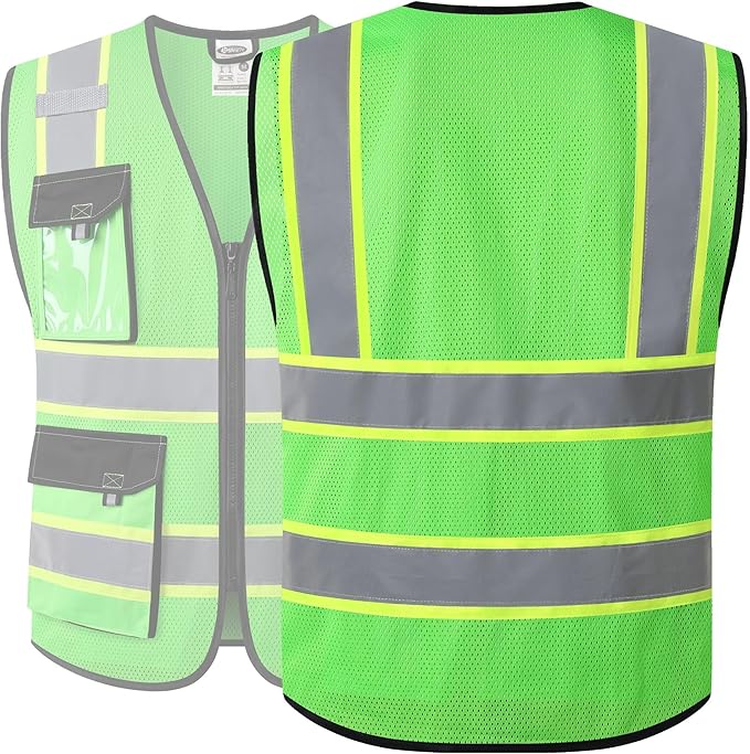JKSafety Hi Vis Reflective Safety Vests for Men Women High Visibility Vest with Pockets Mesh Fabric Construction Safety Apparel Neon Vest for Work (220-Green XL)