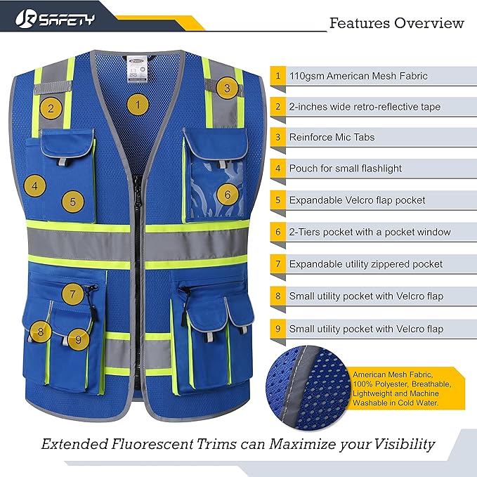 JKSafety 10 Pockets Hi-Vis Neon Color Frontal Zipper Mesh Safety Vest for Men Women Safety Utility for works Comply to ANSI/ISEA Standards (86-Blue 3XL)