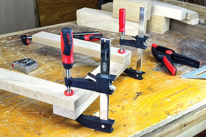 BESSEY GSCC4PK-C Clamp Set for Woodworking, F-style with Wood Handle, Replaceable Pads, 2 x 6 In and 2 x 12 In, 600 lb, Red/Black/Silver