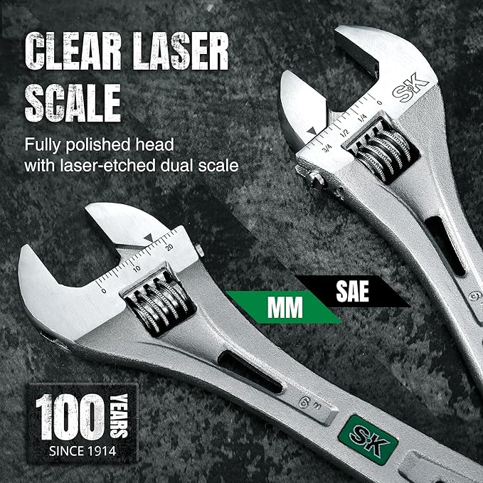 SK 6-Inch Adjustable Wrench, 3/4" Jaw Capacity, Cr-V Steel, SAE&Metric Scales