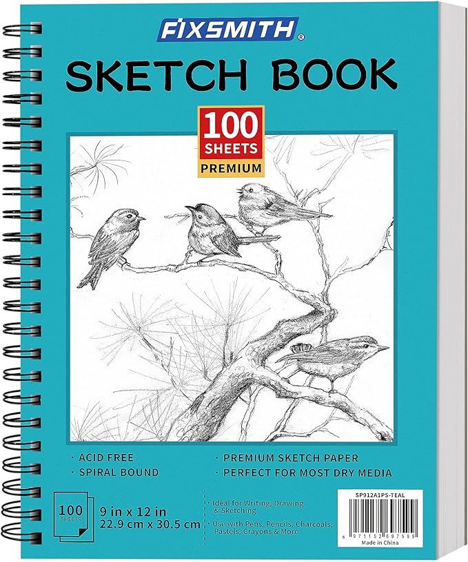 FIXSMITH 9"X12" Teal Sketch Book, 100 Sheets Spiral Sketchbook, Acid Free by FIXSMITH