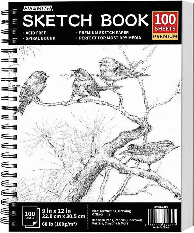 FIXSMITH 9"X12" Sketch Book, 100 Sheets, 68 lb/100gsm | 100 Sheets, Bright White by FIXSMITH