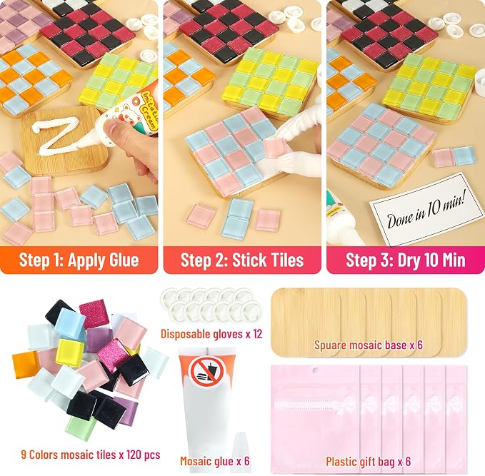 ZAIONE Mosaic Coasters Kits for Beginner: 6 Sets Mixed Color Glass Mosaic Tiles - Image 3