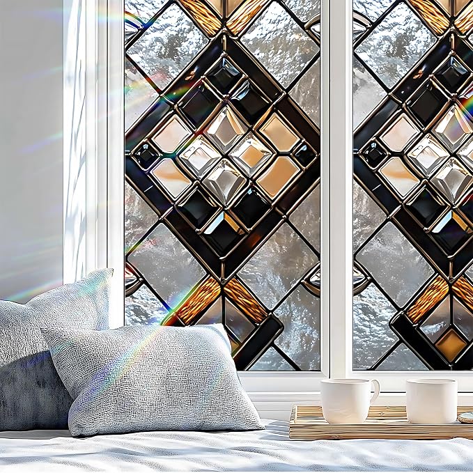 Stained Glass Window Privacy Film: Non-Adhesive Sun and Landscape Mosaic Design - Image 4