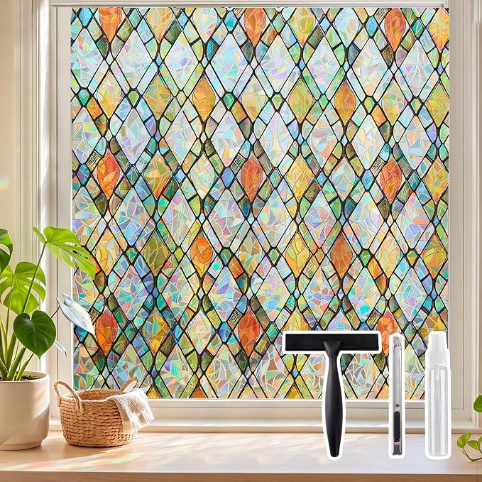 Window Privacy Film, Stained Glass Static Cling Rainbow Stickers 23.6" x by SUNBABY