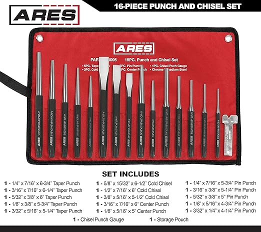 ARES 50005-16-Piece Punch and Chisel Set - Tapered, Pin, Center Punches & Cold Chisels for Various Applications