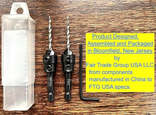 FTG USA Countersink Drill Bit Set 2 Pc #6 (9/64") Wood Countersink Drill Bit, Pro Pack Countersink Set, Tapered Countersink Bit, Stop Collar, Hex Wrench, Woodworking Countersink Drill Bits