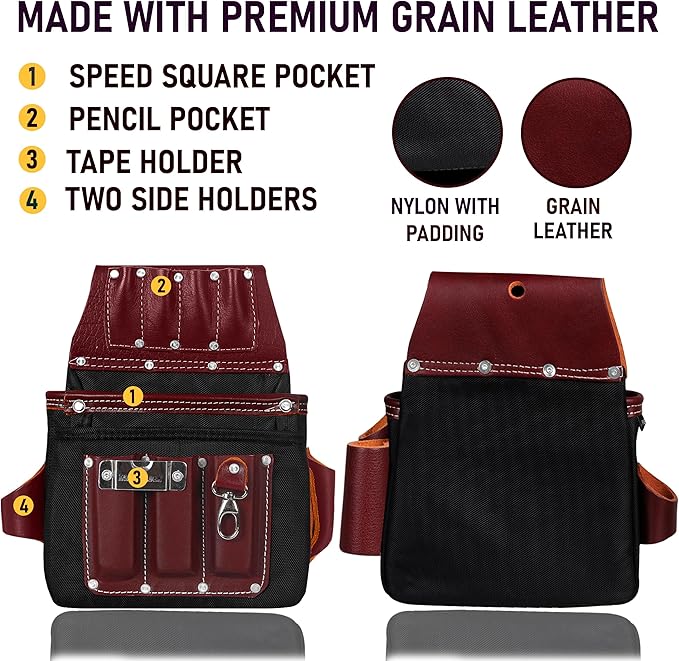 FUERI Tool Belt With Suspender Men Carpenter Pouches Construction Bags Electrician Belts Framer Worker Pouch Bag Holder Organizer 26 Pocket Nylon Leather Maroon Professional Set - Extra Large