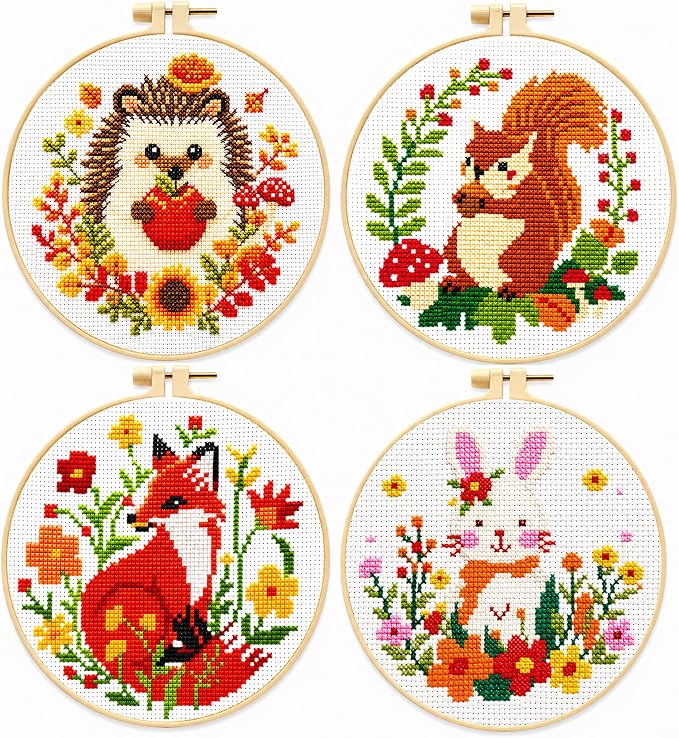 Zhenqing 4 Pack Woodland Animal Stamped Cross Stitch Kit, 11CT Printed Fox by ZhenqingHomeFlagship