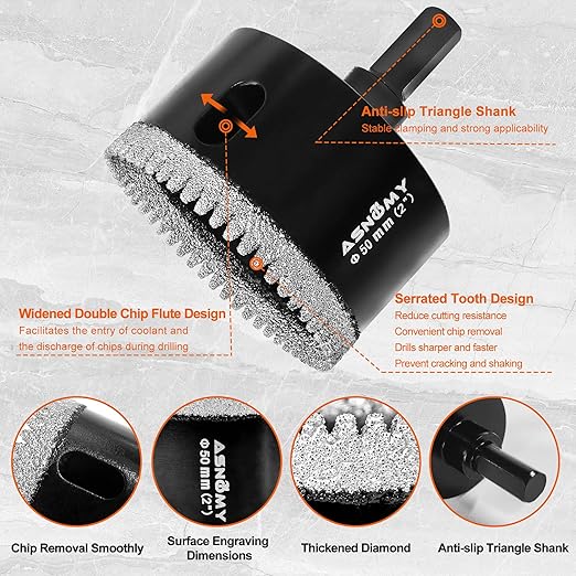 ASNOMY 10PCS Diamond Hole Saw Set, 1/4"-2" Inch Serrated Brazing Tile Hole Saw Diamond Core Drill Bits Set with EVA Mold Hole Saw Guide Jig for Porcelain Tile Glass Ceramic Stone Granite Marble