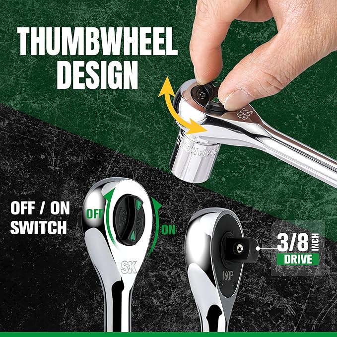 SK 3/8" Drive Ratchet Handle, 160-Position 2 Pawl Ratchet, Premium CR-V Construction, with Contoured Handle