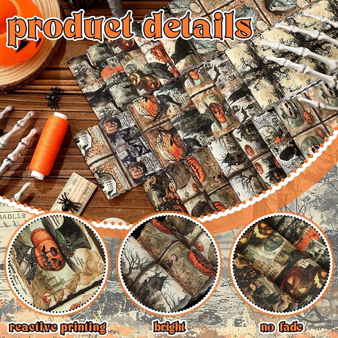 Hosuly 40 Pcs Vintage Halloween Fabric Gothic Fabric Skull Pumpkin Ghost Crow - Image 3